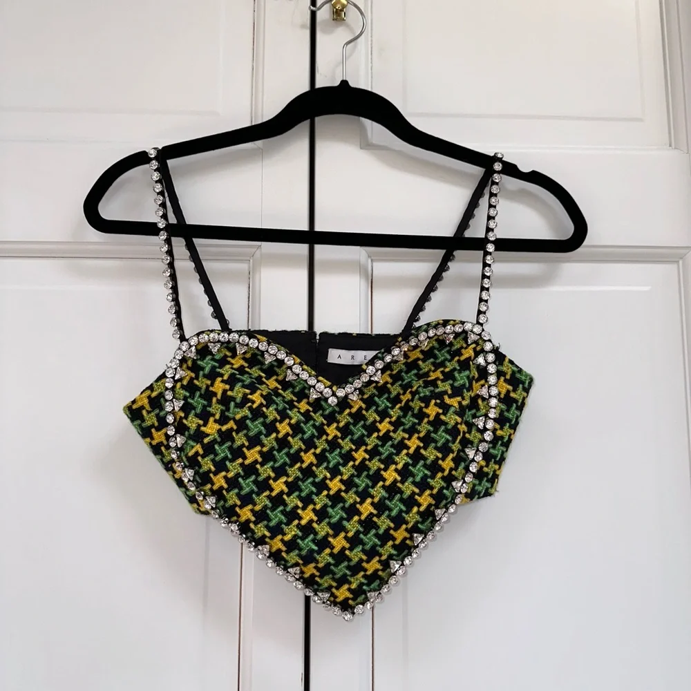 AREA NYC ✨GREEN TWEED CRYSTAL HEART TOP - Picture 6 of 15